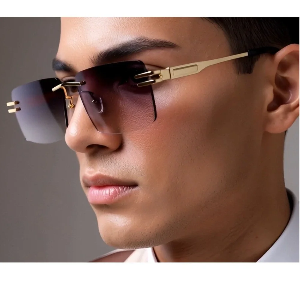 Men's Square Rimless Gold Frame Purple Gradient Tint Hip Hop‎ Sunglasses